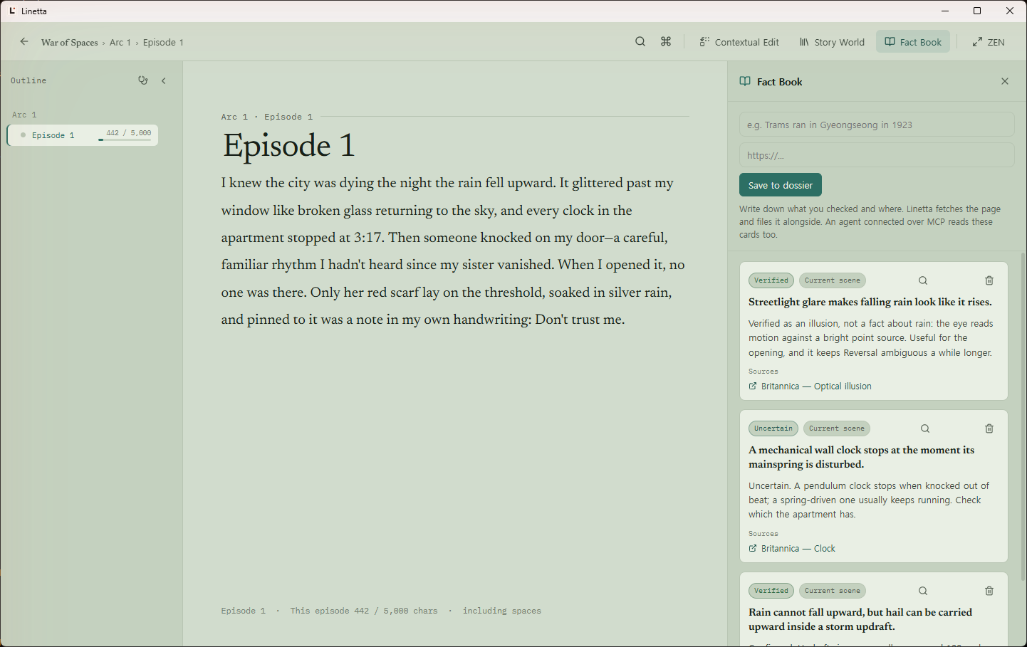 The Fact Book panel with research cards, each tagged verified or uncertain and carrying the source it came from.