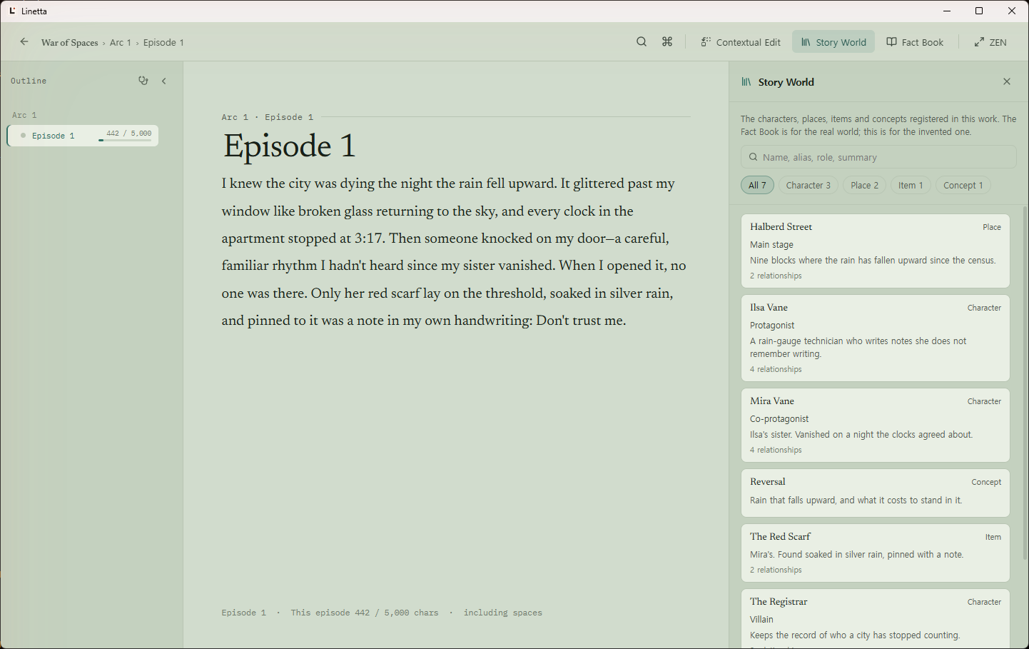 The Story World panel listing entity cards — a place, two characters, a concept and an item — each with a role, a one-line summary and a relationship count.